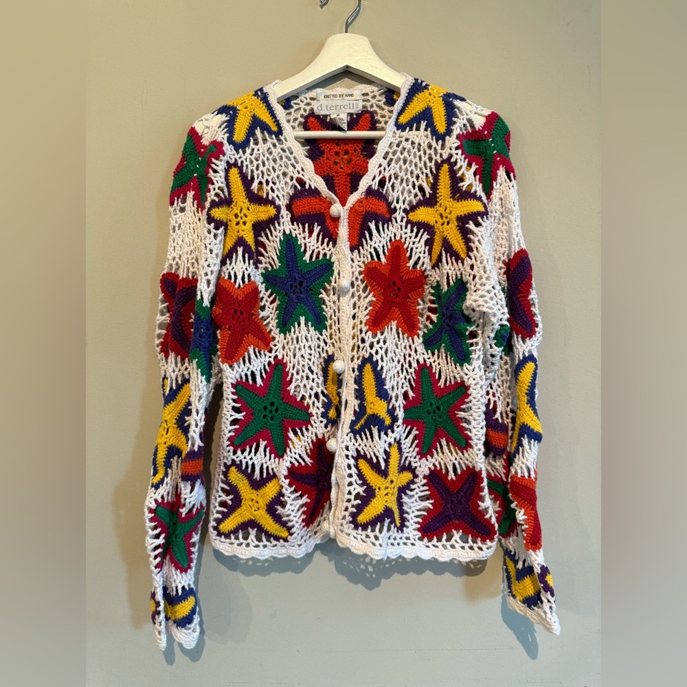 VINTAGE D.TERRELL HANDKNIT CROCHET SWEATER Starfish Women M Button Up Cardigan